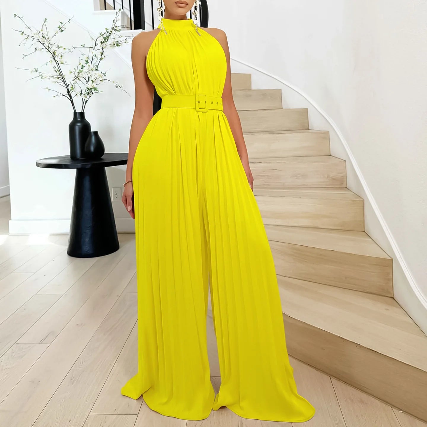 Sleeveless Sexy Pleated Wide Leg Jumpsuit with Belt (4 Styles) - Click here