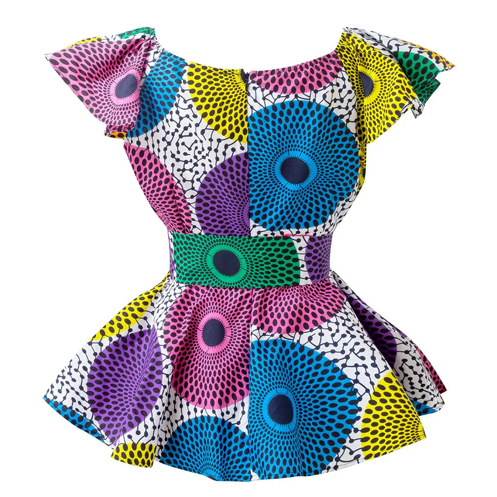 White Ankara Print Round Neck Top with Waistband