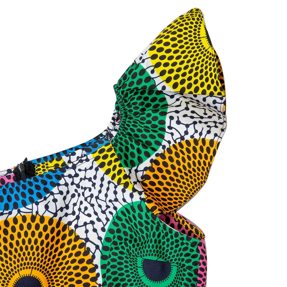 White Ankara Print Round Neck Top with Waistband