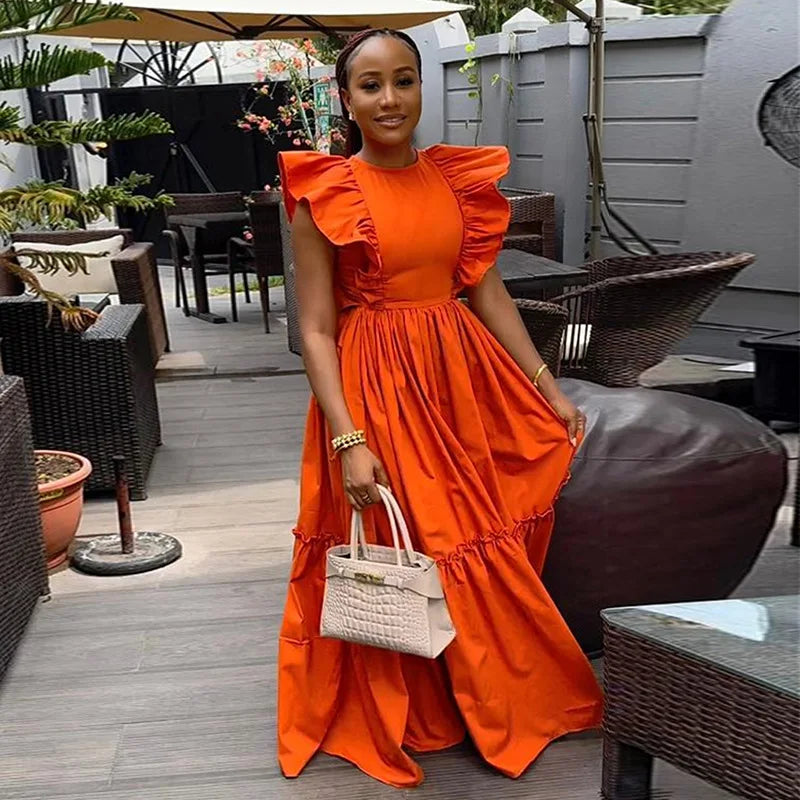 African Fashion Women Summer Round Neck Ruffled Edges Long Maxi Dress