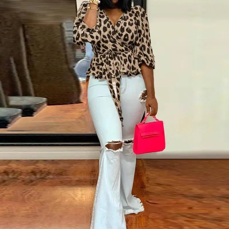 Fall V-Neck Long Sleeve Loose Leopard Print Crop Top (3 Styles) Click here