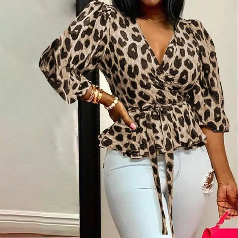 Fall V-Neck Long Sleeve Loose Leopard Print Crop Top (3 Styles) Click here