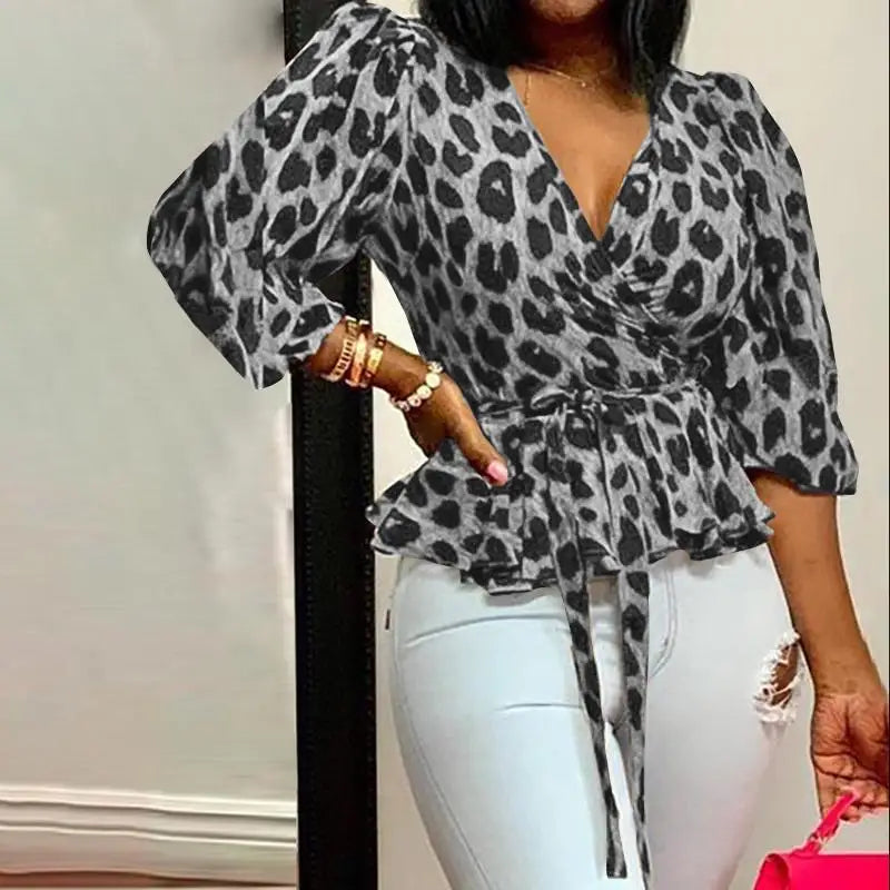 Fall V-Neck Long Sleeve Loose Leopard Print Crop Top (3 Styles) Click here