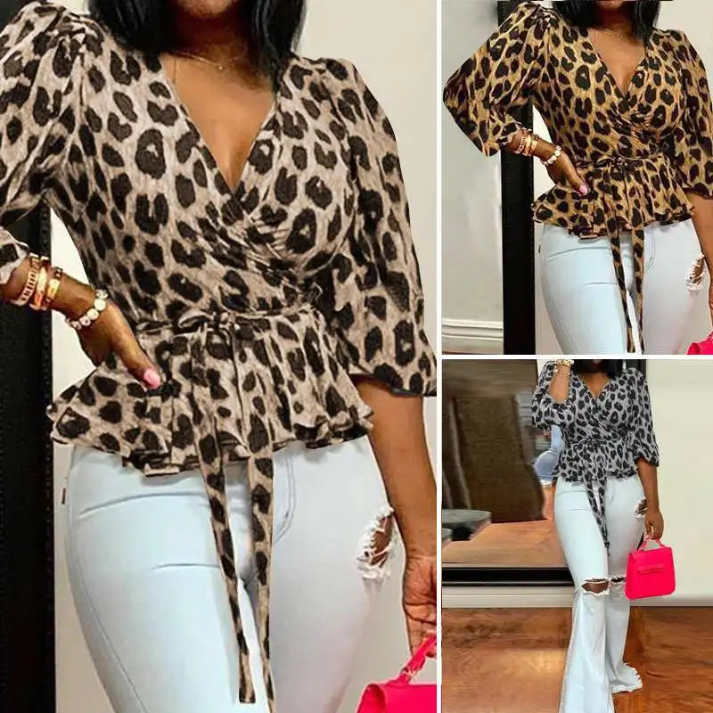 Fall V-Neck Long Sleeve Loose Leopard Print Crop Top (3 Styles) Click here