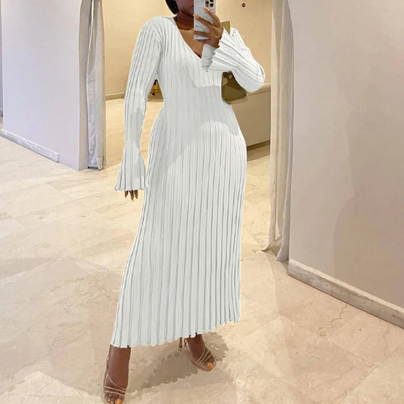 Autumn Winter Elegant Knitted Dress Casual V-neck Long Sleeve Maxi Dresses Women