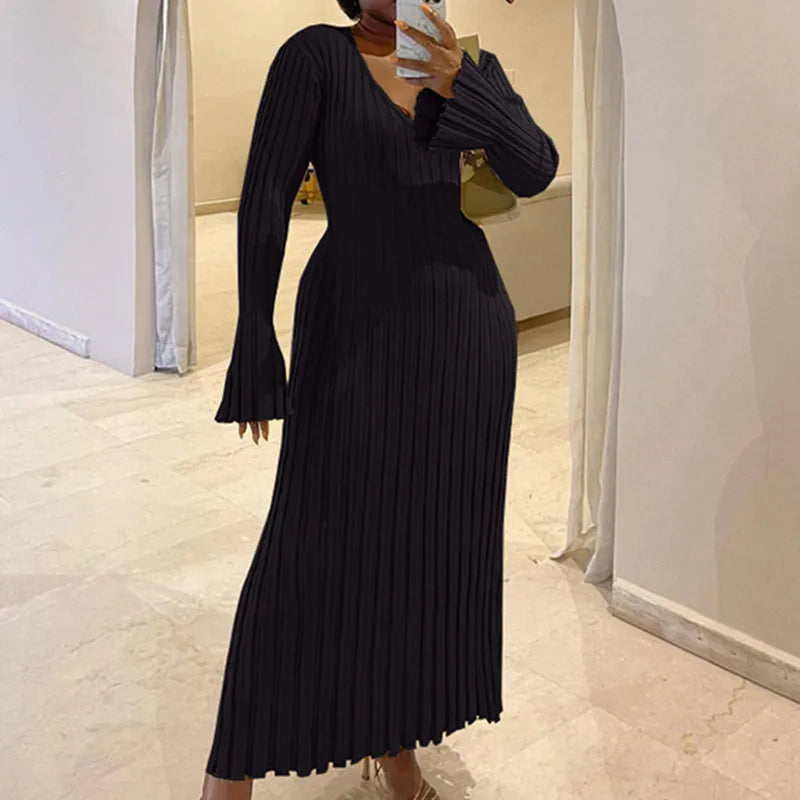 Autumn Winter Elegant Knitted Dress Casual V-neck Long Sleeve Maxi Dresses Women