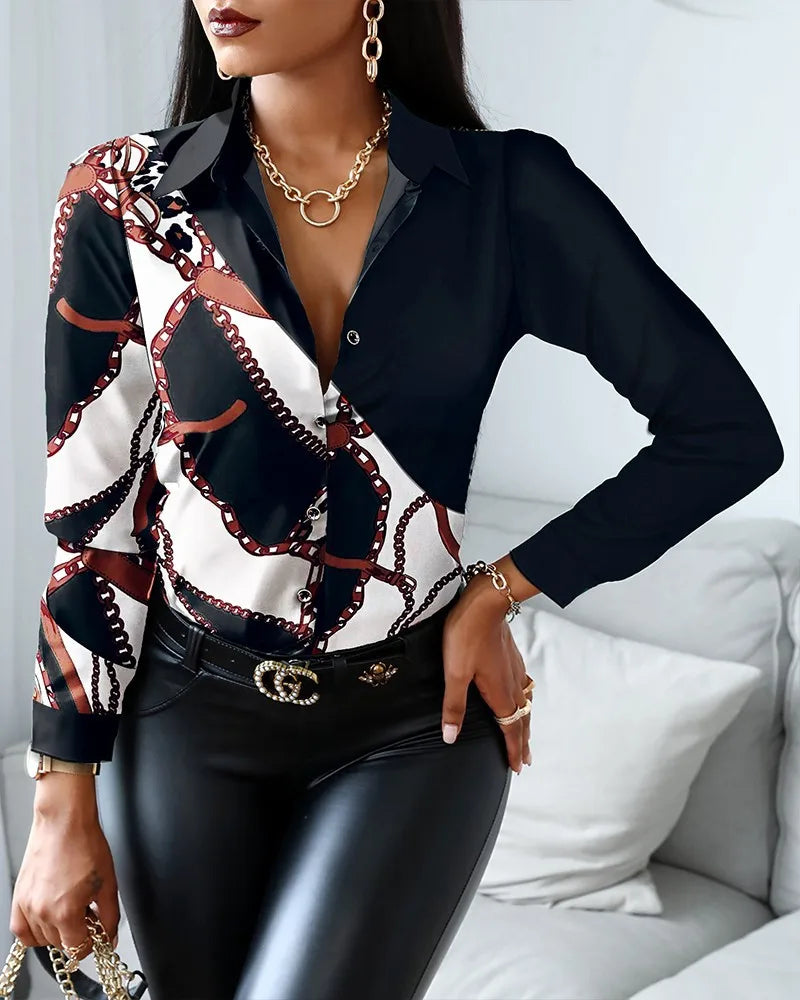 Fashion Print Lapel Single-breasted Long Sleeve Shirts