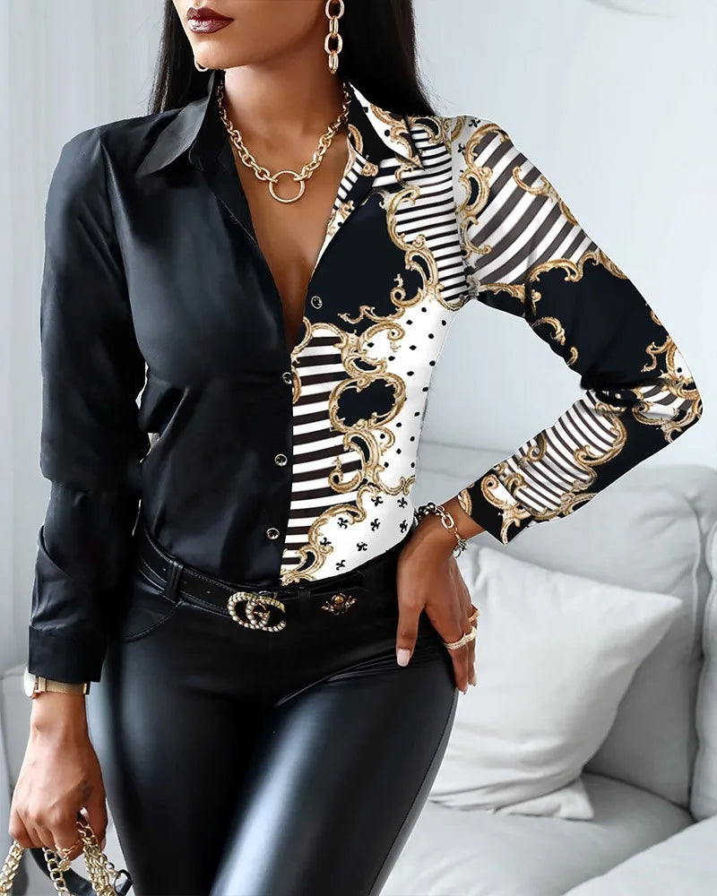 Fashion Print Lapel Single-breasted Long Sleeve Shirts