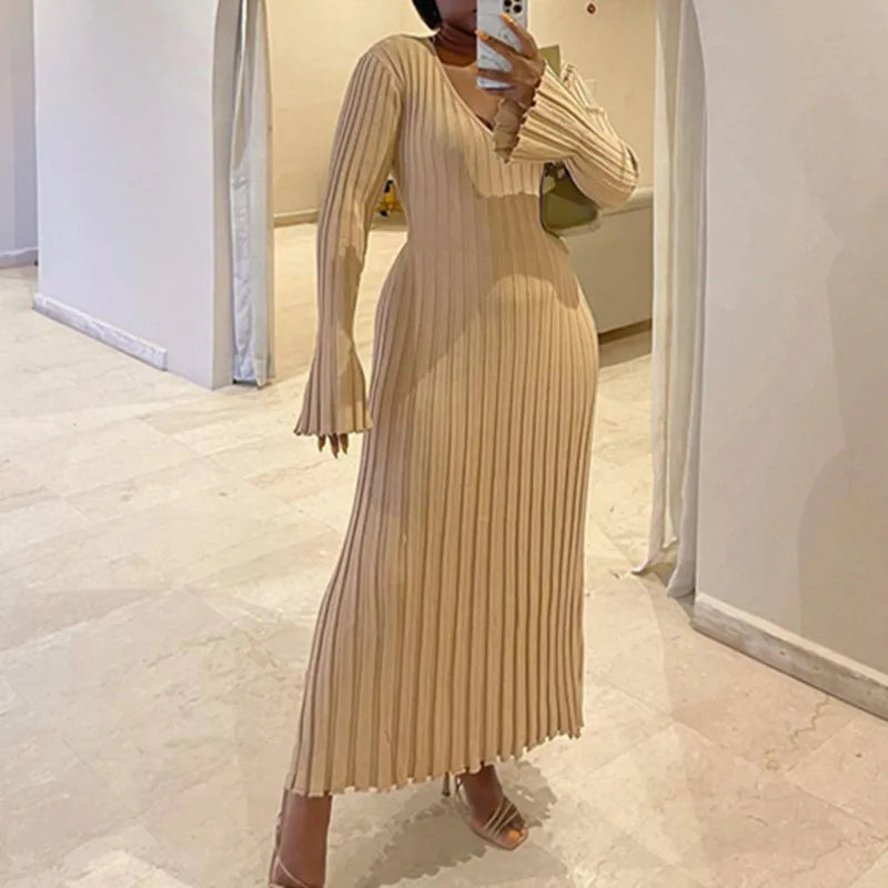 Autumn Winter Elegant Knitted Dress Casual V-neck Long Sleeve Maxi Dresses Women