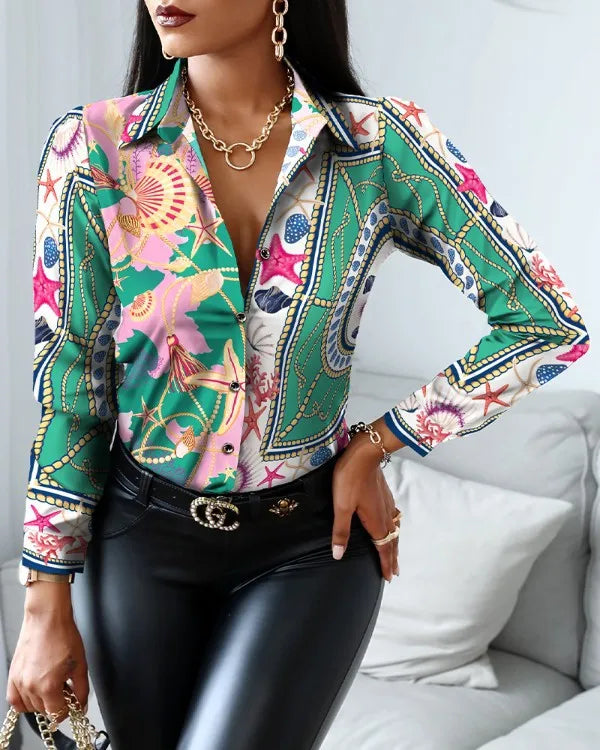 Fashion Print Lapel Single-breasted Long Sleeve Shirts