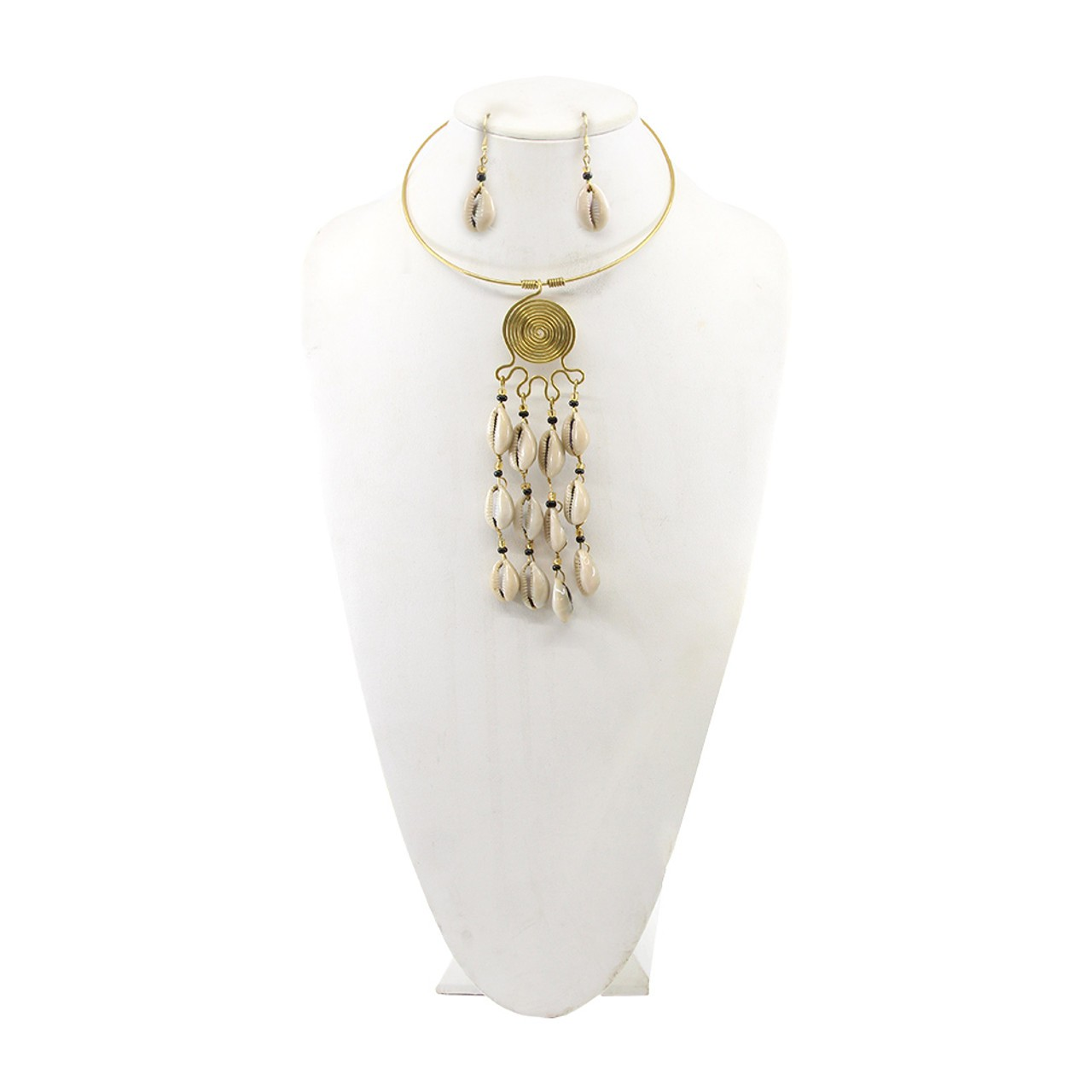 Brass Spiral and Hanging Cowrie Shell Choker & Earrings Set