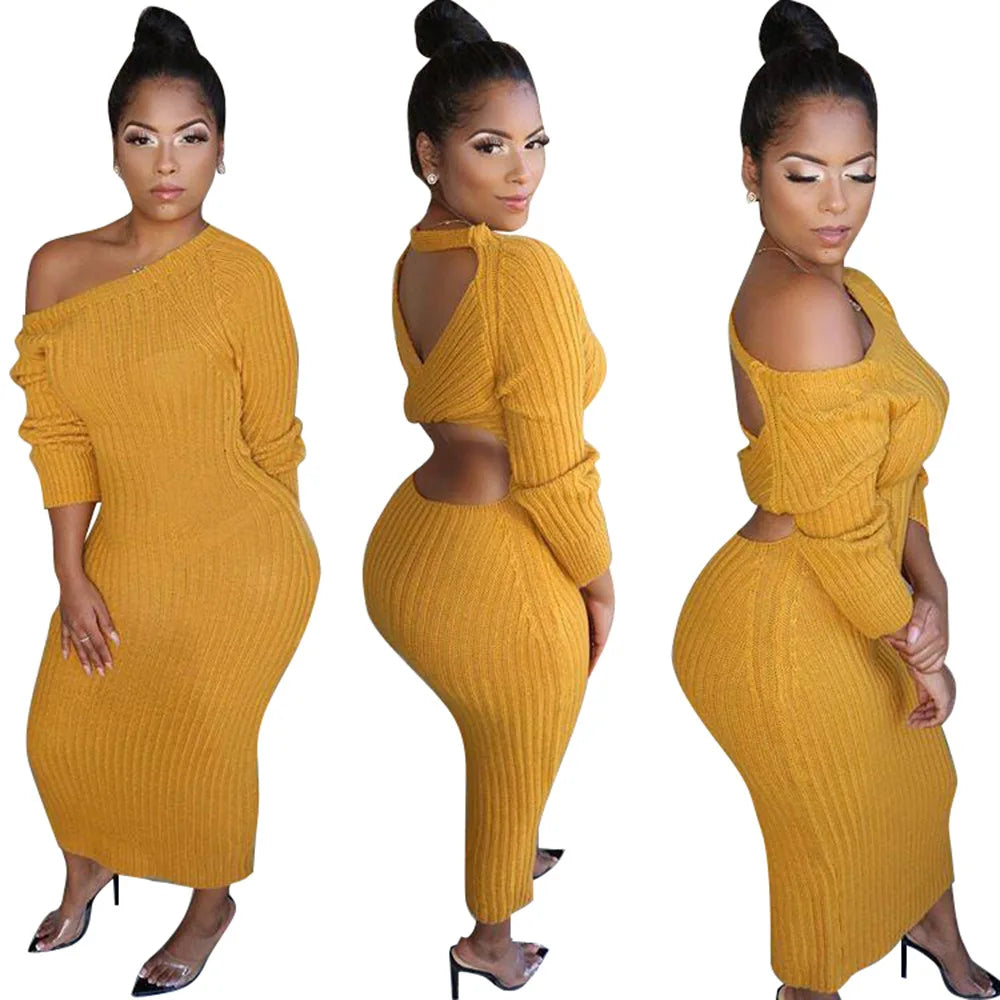 Backless Long Sleeve Maxi Knit Dresses