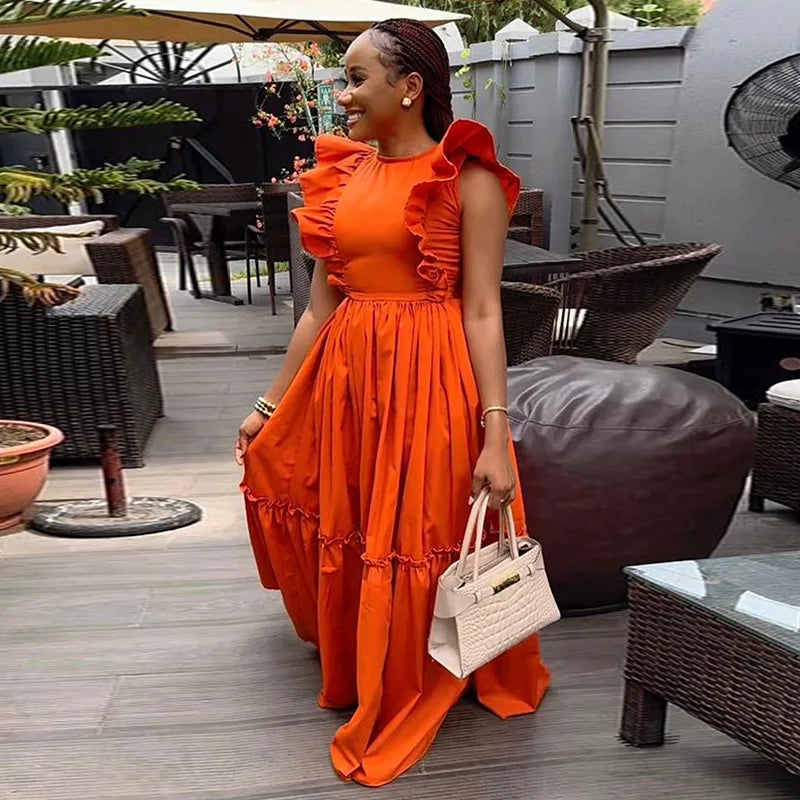 African Fashion Women Summer Round Neck Ruffled Edges Long Maxi Dress