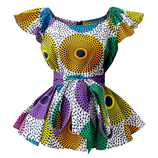 White Ankara Print Round Neck Top with Waistband