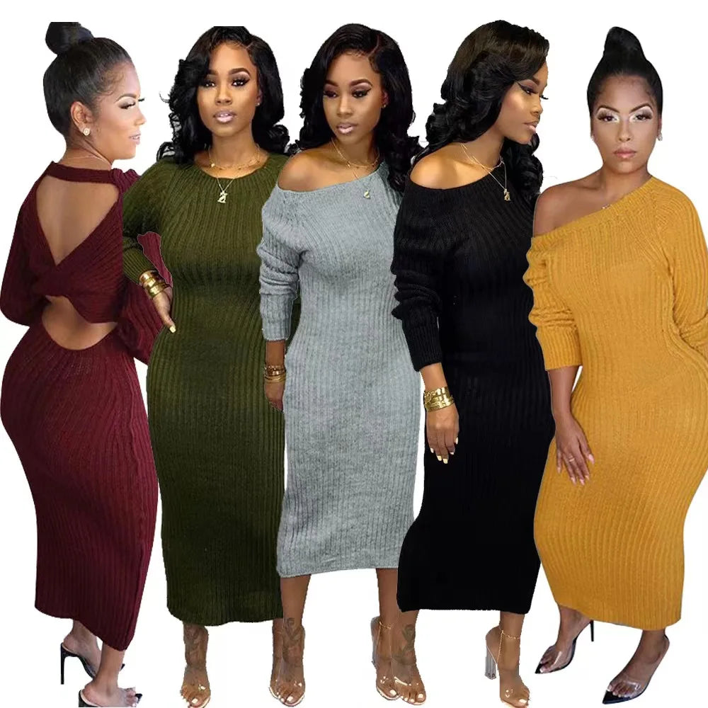 Backless Long Sleeve Maxi Knit Dresses