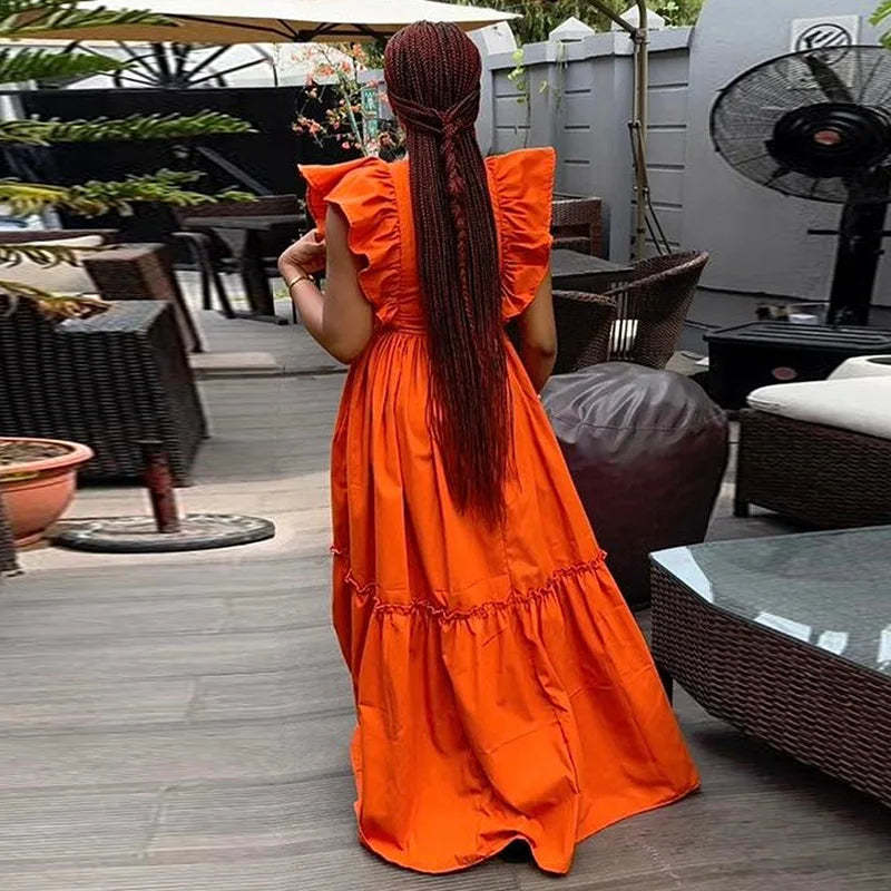 African Fashion Women Summer Round Neck Ruffled Edges Long Maxi Dress