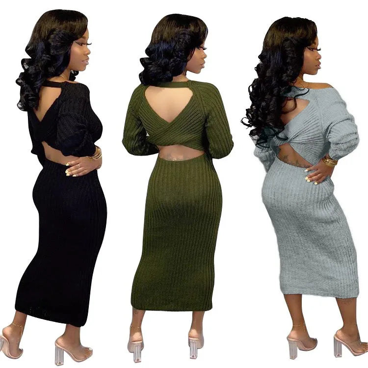 Backless Long Sleeve Maxi Knit Dresses