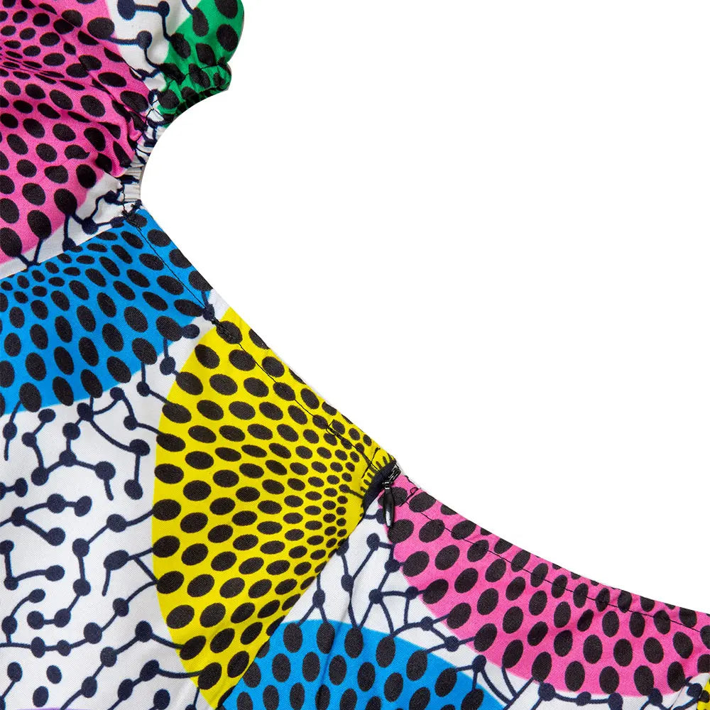 White Ankara Print Round Neck Top with Waistband