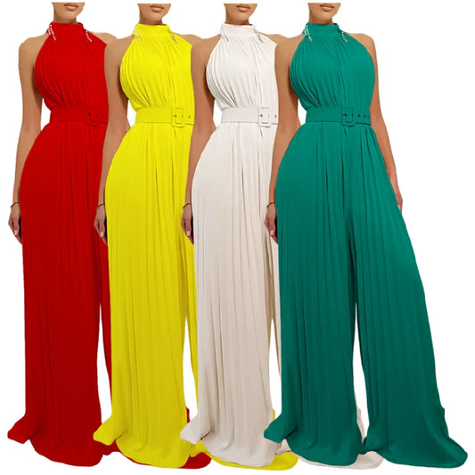 Sleeveless Sexy Pleated Wide Leg Jumpsuit with Belt (4 Styles) - Click here