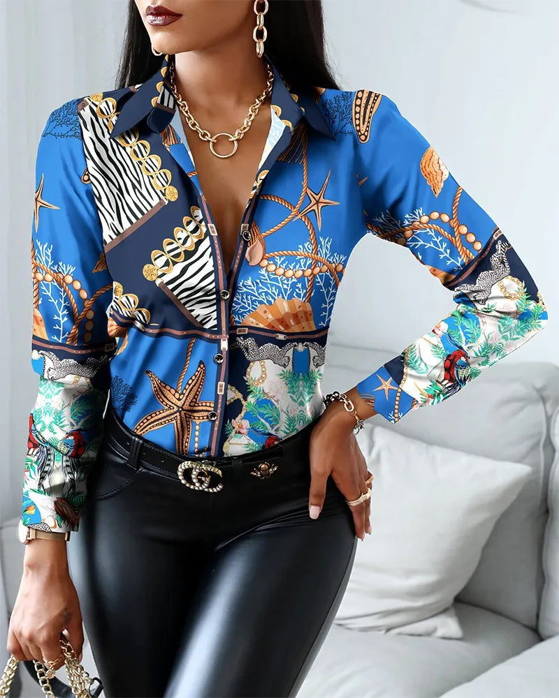 Fashion Print Lapel Single-breasted Long Sleeve Shirts