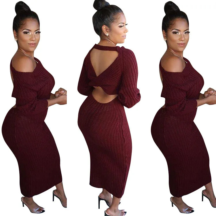 Backless Long Sleeve Maxi Knit Dresses
