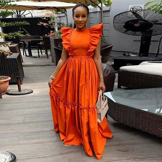African Fashion Women Summer Round Neck Ruffled Edges Long Maxi Dress