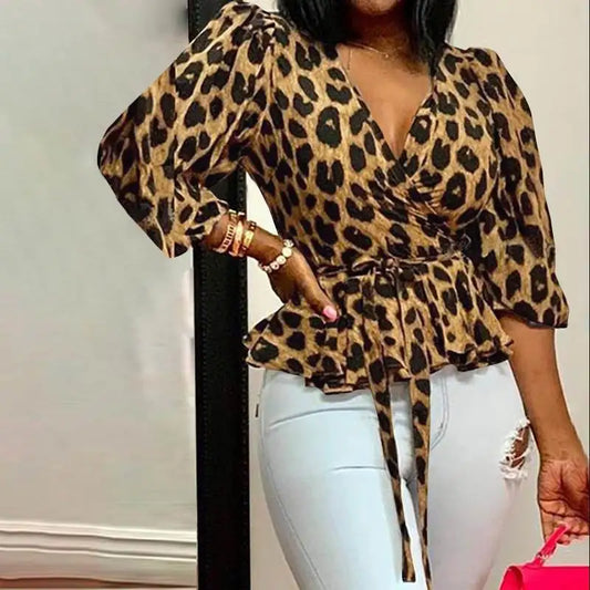 Fall V-Neck Long Sleeve Loose Leopard Print Crop Top (3 Styles) Click here